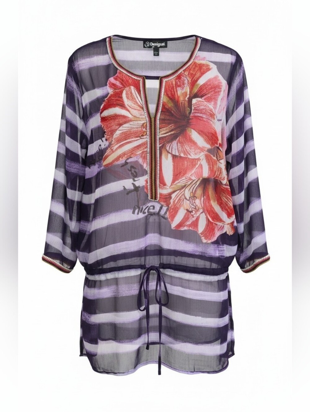 Desigual Sheer Floral Stripe Tunic Blouse Purple Beaded Boho Top Women’s S